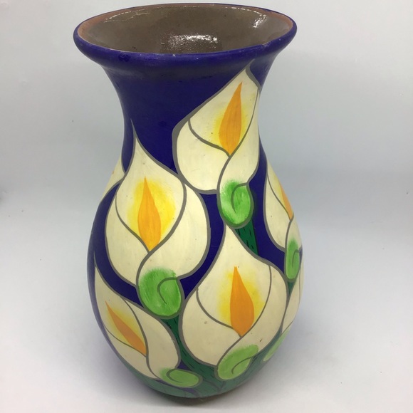 Vtg Mexican Blue Calla Lily Flower Hand Painted Red Clay Vase Pottery Folk Art - Picture 2 of 7